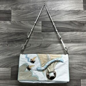 Cellini Handbags Womens White Abstract Print Leather Knotted Shoulder Strap 80's